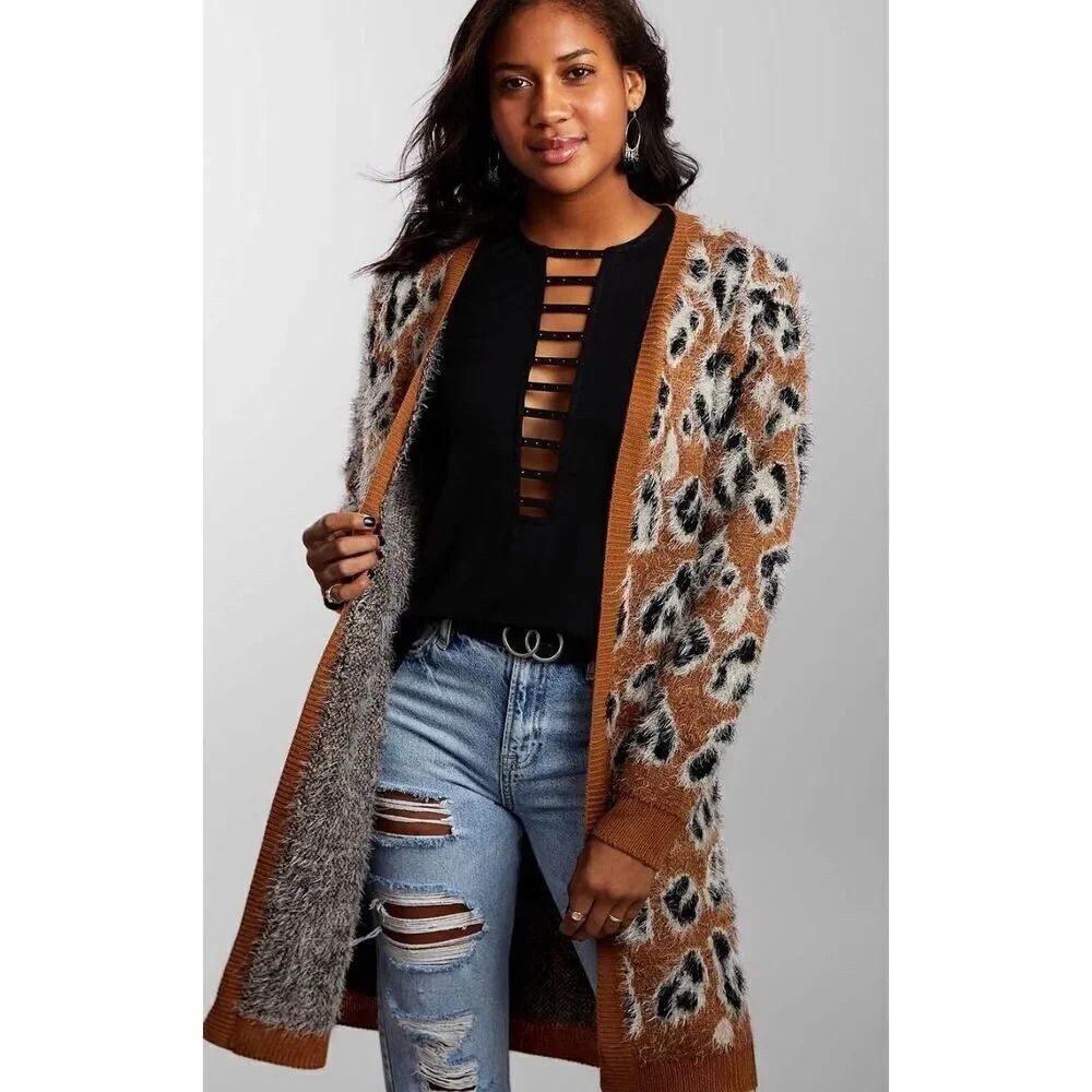 Buckle Daytrip S open front camel eyelash/fuzzy animal print cardigan - polyeste